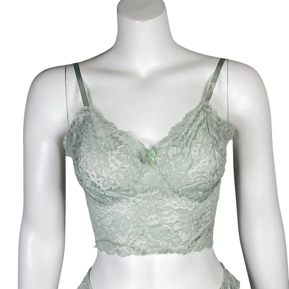Rene Rofe Lingerie Unforgettable Lace Bralette and Panty Set Size M Sage Green - Picture 2 of 8